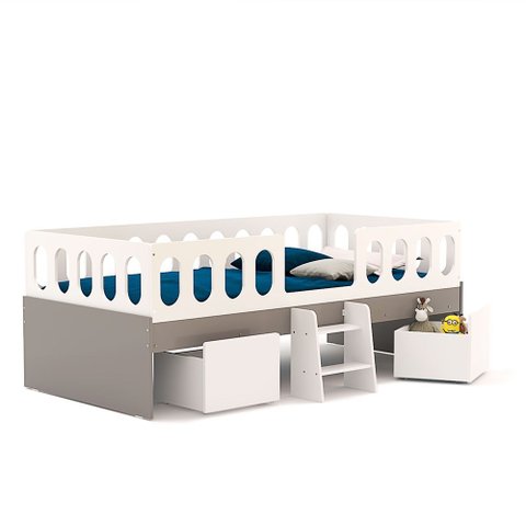 Cama Juvenil Lara Solteiro com Nichos Escadinha e Colchão em Madeira Baby Mobília - Branco/cinza