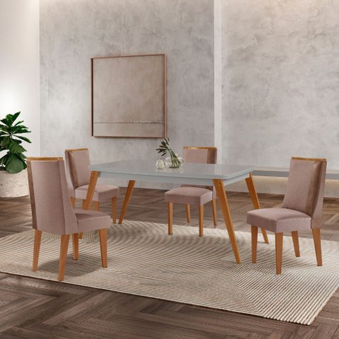 Mesa de Jantar Copper 120cm Tampo Canto Mdf Vidro com 4 Cadeiras Diane Moderna Mobília