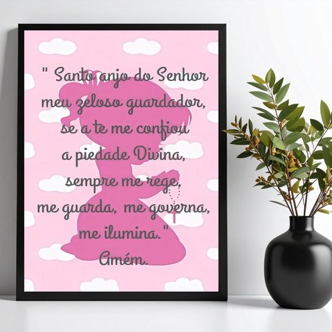 Quadro Decorativo Infantil Santo Anjo - Nuvens Rosas 45x34cm - com Vidro:moldura Preta