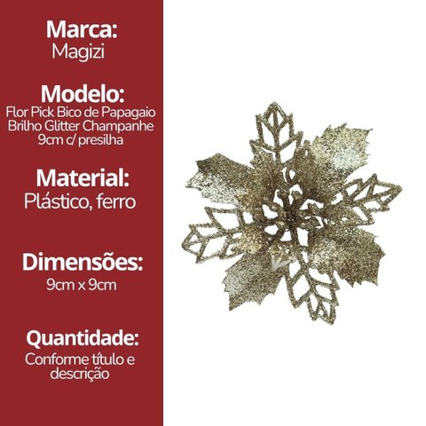 Jogo 6 Flores Bico de Papagaio Champanhe Natal Pick Glitter 9cm com Presilha - Magizi