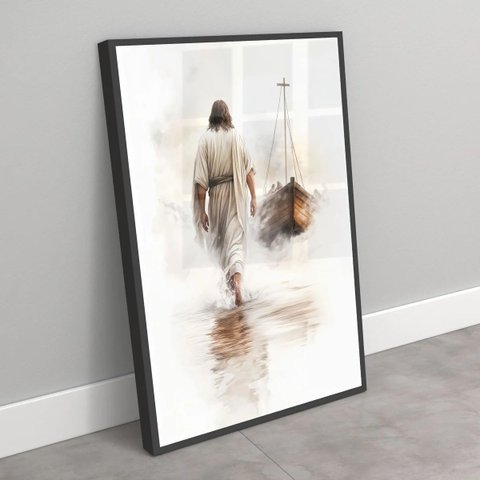 Quadro Minimalista Jesus sobre Águas - 70x50cm:moldura Preta