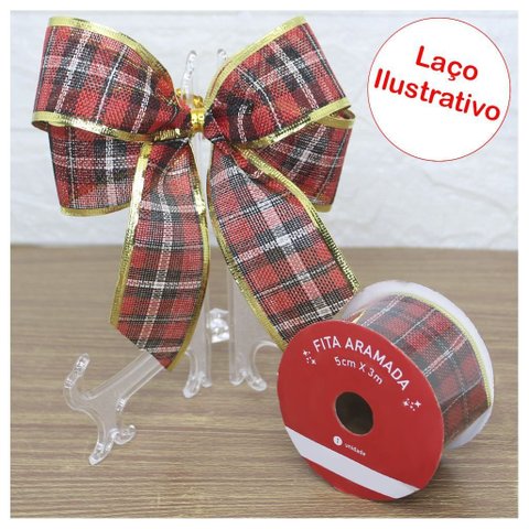 Kit 2 Rolos Fita Aramada Xadrez Decoração Natalina 5cmx3m