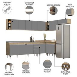 Armário de Cozinha Modulado de Canto 8 Peças Cp27 com Pia Inox Castanho/cinza - Lumil Lumil Móveis - 3