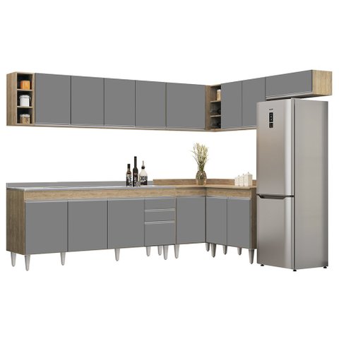 Armário de Cozinha Modulado de Canto 8 Peças Cp27 com Pia Inox Castanho/cinza - Lumil Lumil Móveis