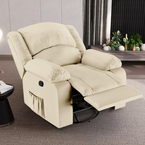 Poltrona do Papai Reclinável Sala de Cinema Madrid Glider Manual Giratória Massagem USB PU Bege G26 