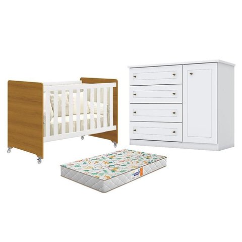 Berço Americano Evolution 4 em 1 Branco Acetinado Savana Reller e Cômoda Americano Branco Hp e Colch