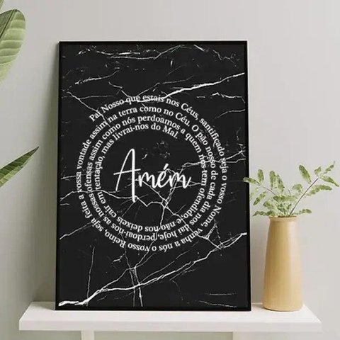 Quadro Oração Pai Nosso Fundo Mármore 45x34cm - com Vidro:madeira Preta