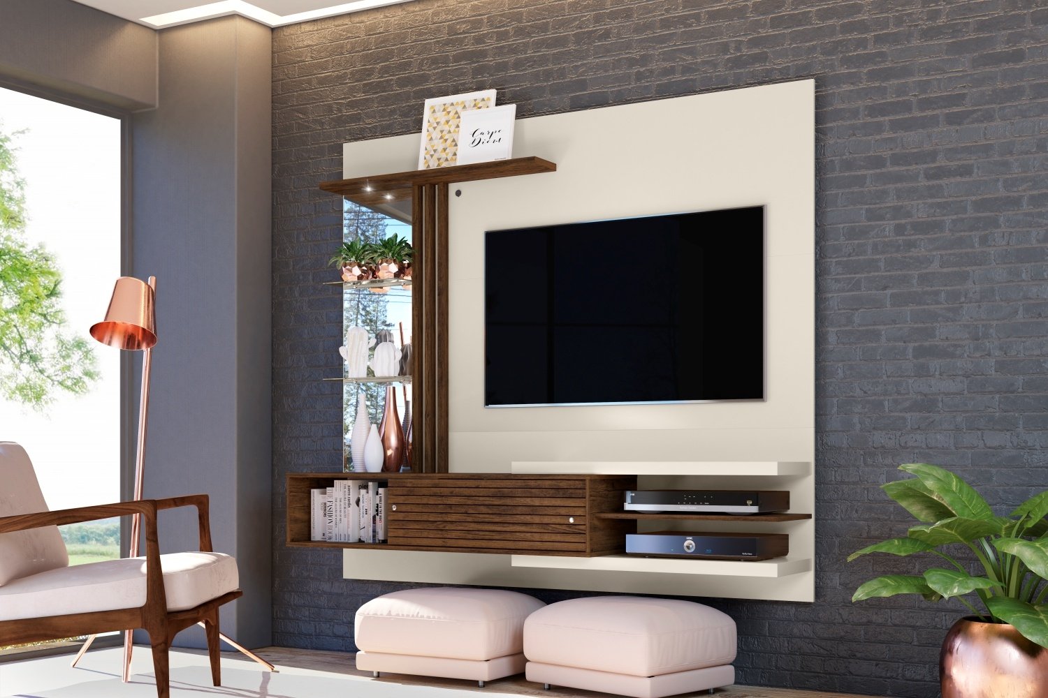 Painel para TV com Espelho Peter Off White Savana | MadeiraMadeira