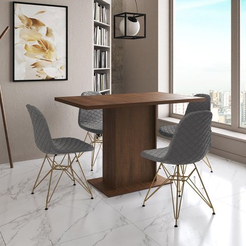 Mesa Jantar Londres Tampo Amêndoa 120cm 4 Cadeiras Base Dourado Estofado Grafite