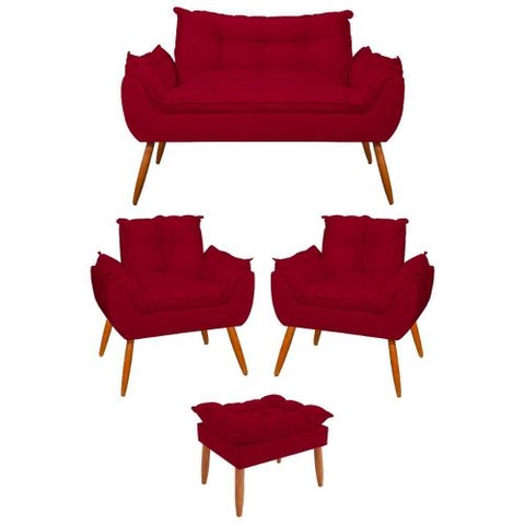 Kit 02 Poltronas + Namoradeira + Puff Opala Balaqui Decor Vermelho