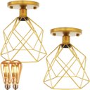 Ver imagem 1 de 2 Lustre Teto Plafon + 2 Lâmpada LED ST64 Industrial Aramado Cálice Retrô Luminária Vintage - Dourad