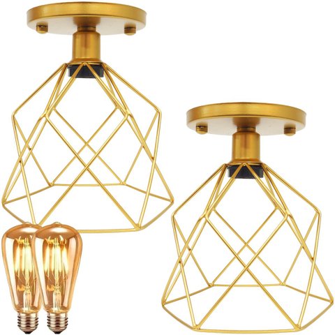 2 Lustre Teto Plafon + 2 Lâmpada LED ST64 Industrial Aramado Cálice Retrô Luminária Vintage - Dourad