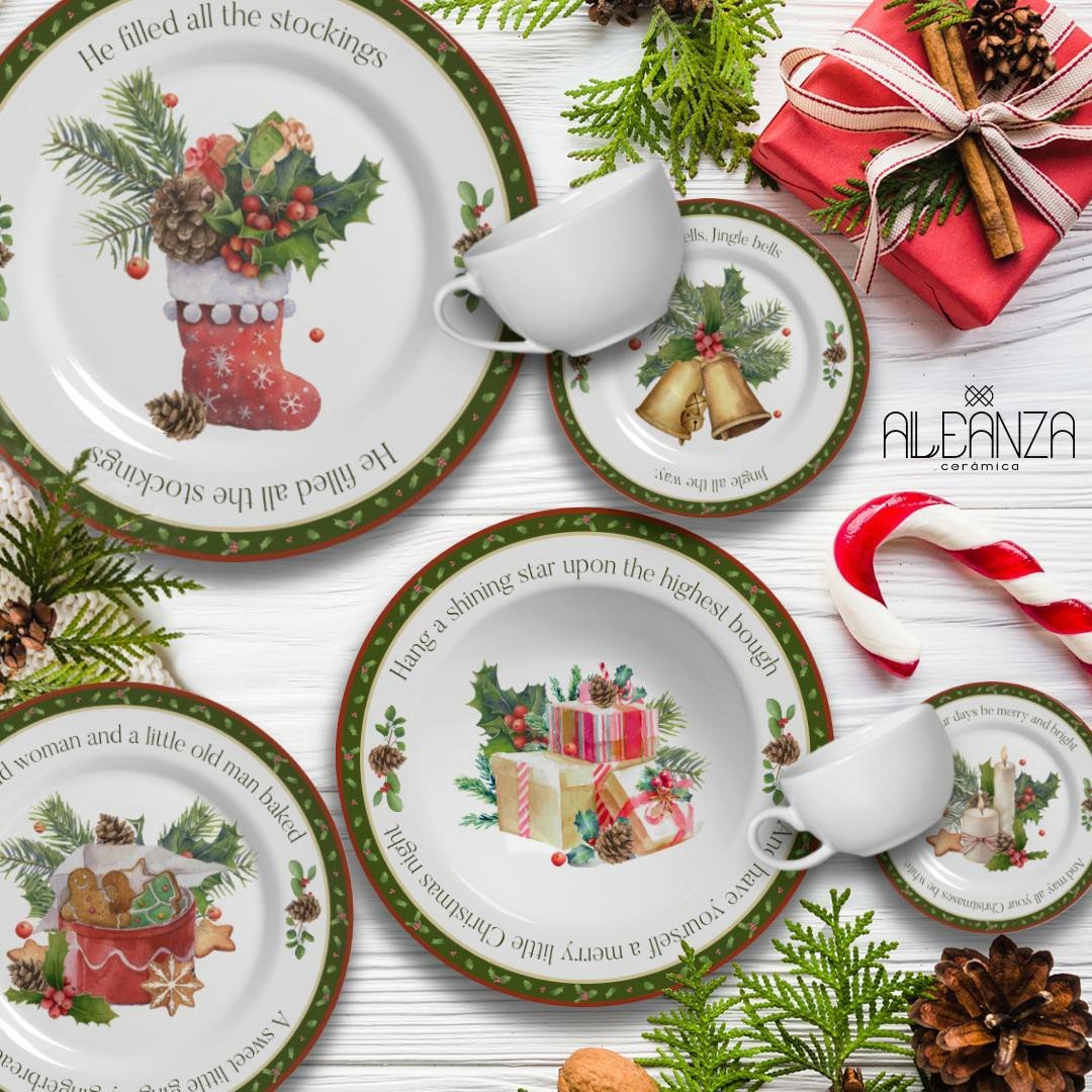 Jogo de Pratos Natal Fundo Christmas com 6 Peças Primeira Linh