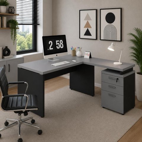 Mesa em L 150cm x 160cm Gaveteiro 3 Gavetas MDP Cinza Sagrado com Preto F5 Office