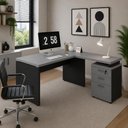 Ver imagem 1 de Mesa em L 150cm x 160cm Gaveteiro 3 Gavetas MDP Cinza Sagrado com Preto F5 Office