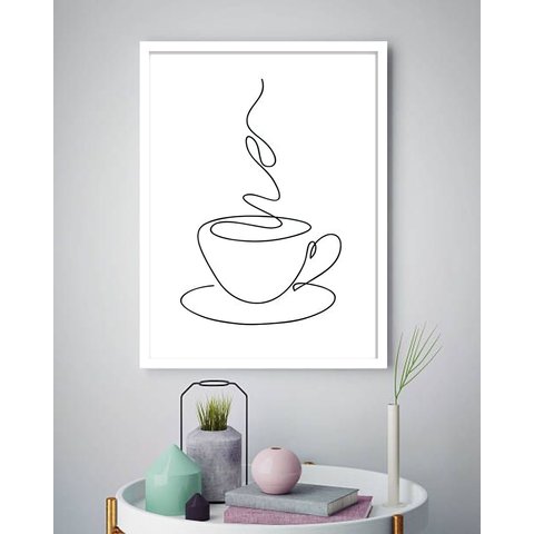 Quadro Decorativo Minimalista Xícara Café One Line -70x50cm:moldura Preta