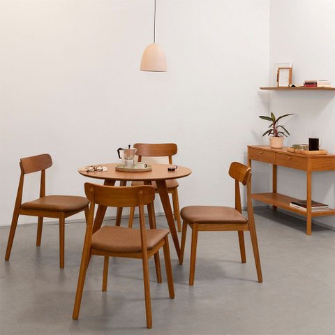 Conjunto Mesa Jantar Square Redonda Louro Freijó - 88cm + 4 Cadeiras Nord Encosto Madeira Assento -