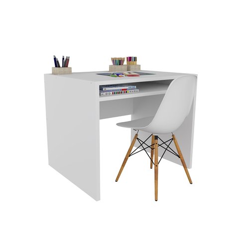 Mesa de Estudos com Prateleira e Nicho Porta Lápis e Caneta Cristal 100% Mdf + Cadeira Eiffel Branca