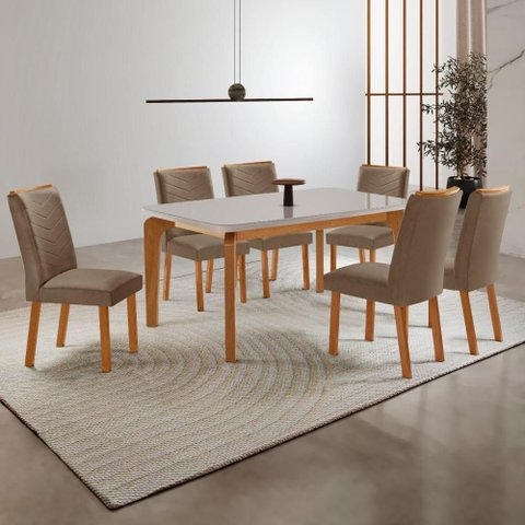 Conjunto Mesa de Jantar 180cm com 6 Cadeiras Estofadas Multimóveis Crrft-CON046 Madeirado/Off White