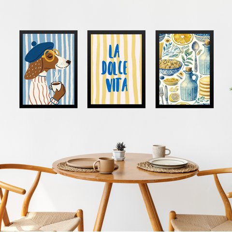 Kit 3 Quadros Cozinha Italiana La Dolce Vita - Cachorrinho 45x34cm - com Vidro:moldura Preta