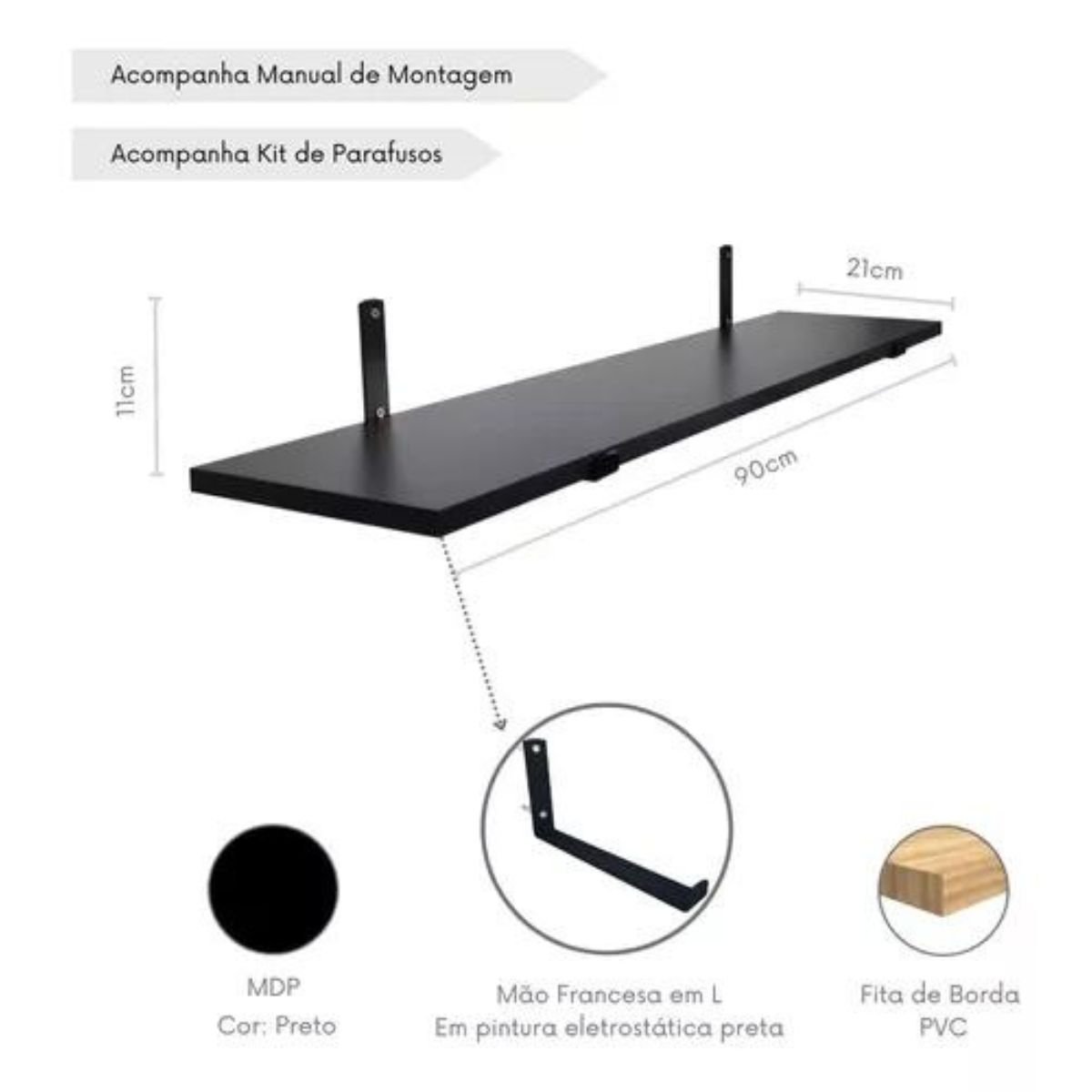 Kit 2 Prateleiras Industriais 90x20cm com Mão Francesa Preto - 4