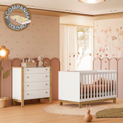 Quarto de Bebê com Berço 4315 Slim e Cômoda 5135 Flora Branco Acetinado Qmovi + Colchão Gazin