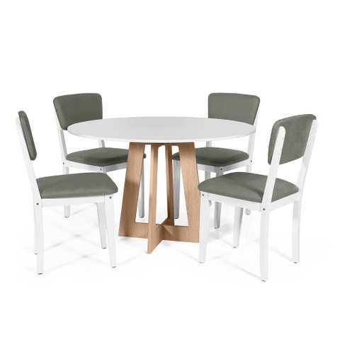 Mesa de Jantar Redonda Montreal Bran/jade com 4 Cadeiras Estofadas Ella Branco/cinza