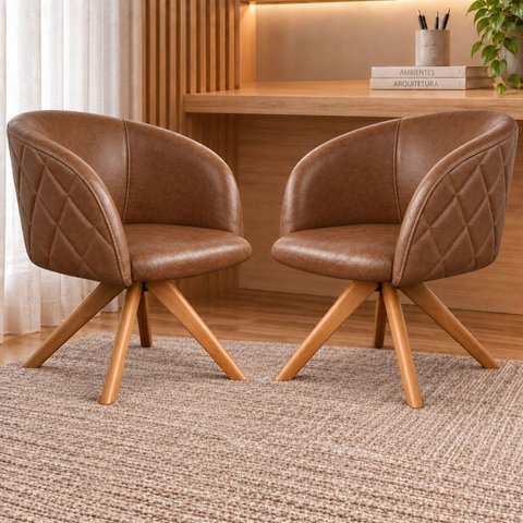 Kit 2 Poltronas Giratória Corino Premium Base Madeira Maciça Maya