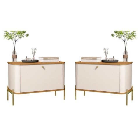 Conjunto Mesa de Cabeceira Albania Off White Nature Dourado