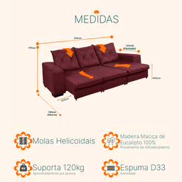 Sofá Retrátil e Reclinável 2,30m 3 Lugares Molas Helicoidais Suede Bali Vinho - 3