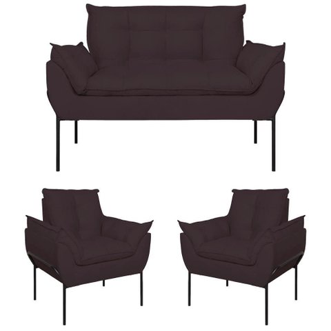 Kit 02 Poltronas + Namoradeira Pé Metal Preto Recepção Sala Cinza