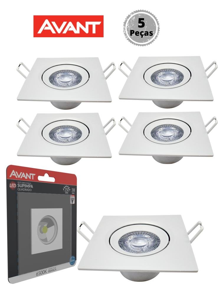 Kit 5 Spot Led Embutir Quadrado 3w 6500K Bivolt Branco Frio Avant