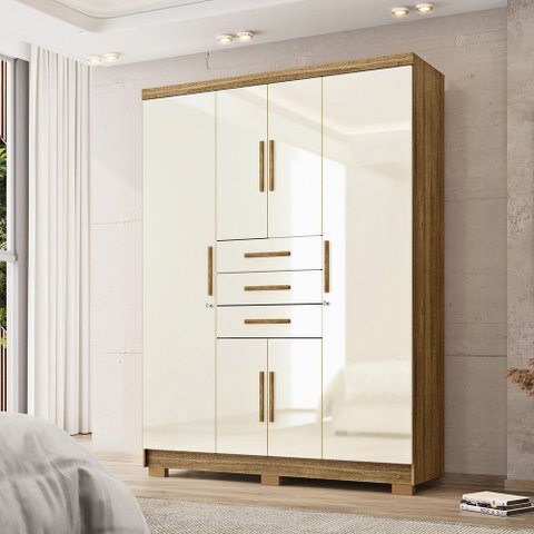 Guarda Roupa Casal Belga 6 Portas de Bater 3 Gavetas com Cabideiros Nature/offwhite G98 - Gran Belo