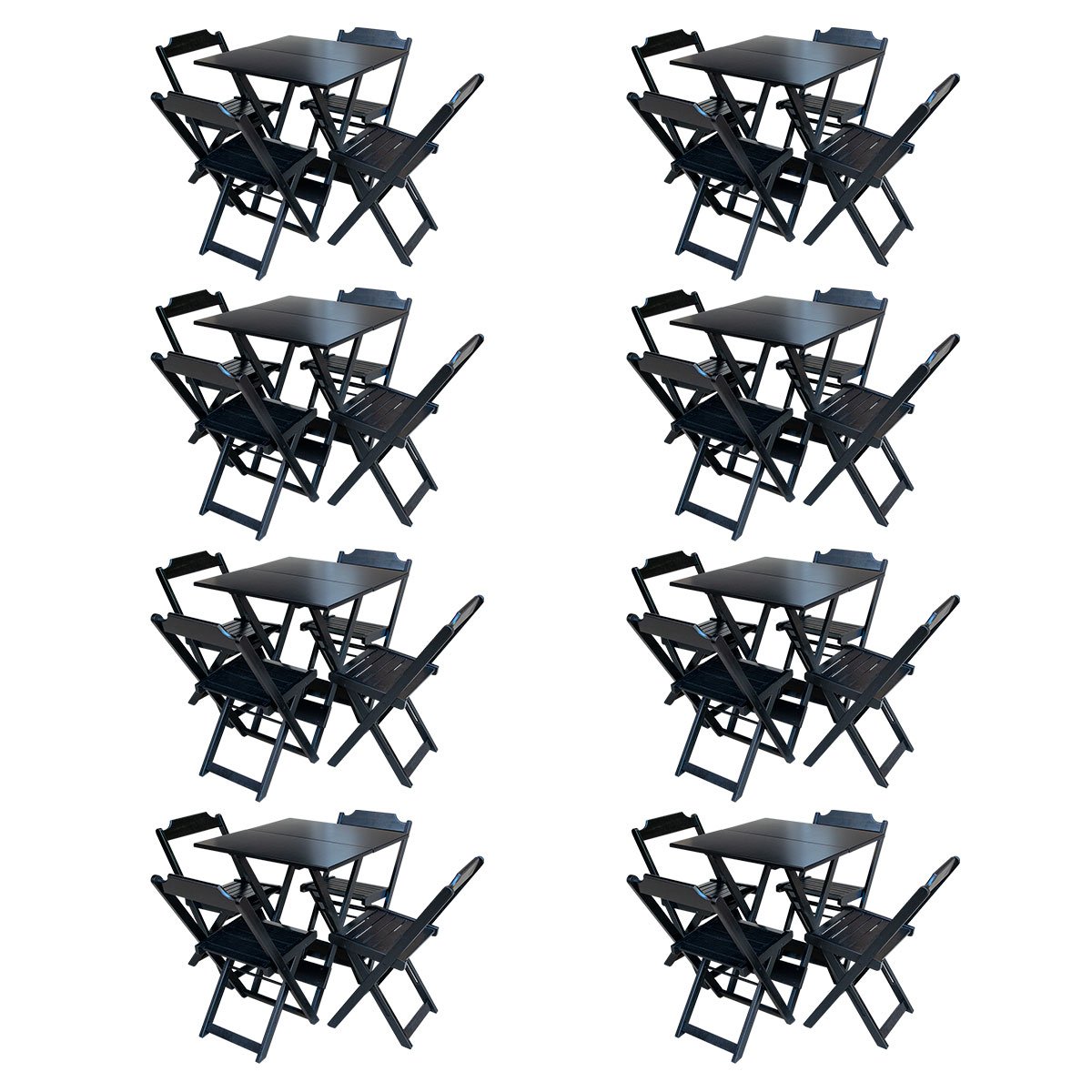 Kit 8 Jogos de Mesa com 4 Cadeiras de Madeira Dobrável 70x70 Ideal para Bar e Restaurante - Preto - 1