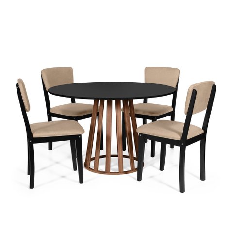 Mesa de Jantar Redonda Gabi Pret/nor com 4 Cadeiras Estofadas Ella Preto/bege