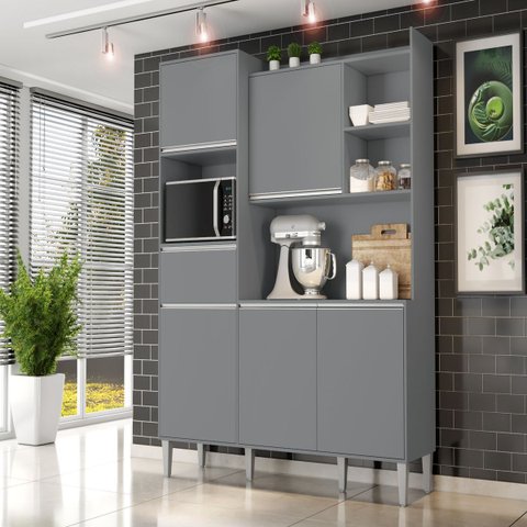 Armário de Cozinha Compacta 160cm 5 Portas 1 Gaveta Modulada Isabel MDP Cinza Completa