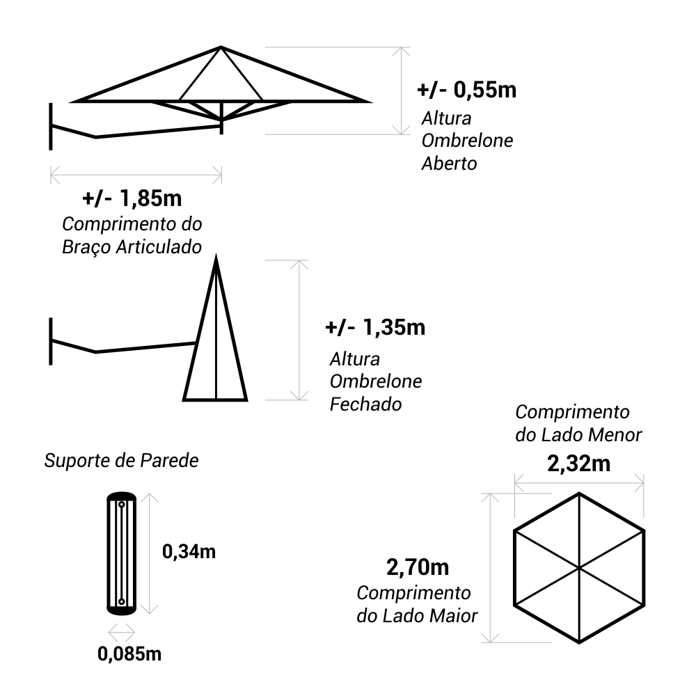 Ombrelone de Parede Branco - 2,70m de Diâmetro - em Alumínio - Guarda-sol - Persianet - 11