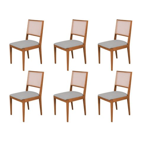 Conjunto com 6 Cadeiras de Jantar Estofada Suellen Cerejeira Linho Cinza Prata