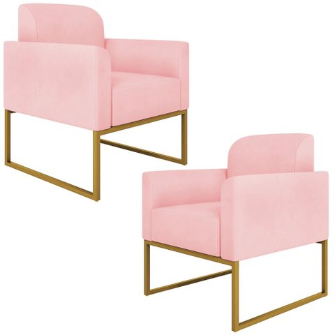 Kit 2 Poltronas Decorativas Isabella Base Industrial Suede Rosa Bebê/Dourado Gran Belo