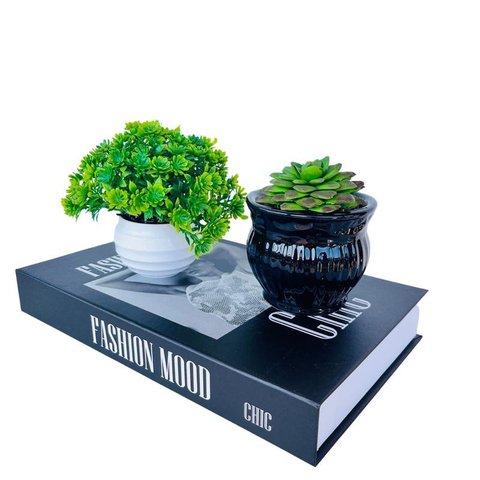 Decoração Sala Livro Fake + Dupla Vaso Branco/preto Decor