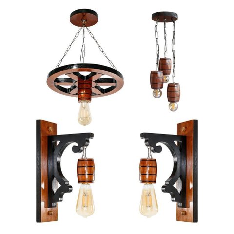 Kit 4 Luminárias Colonial com Arandelas Barril e Pendentes Rústicos de Madeira Maciça - Mogno