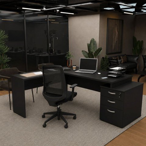 Conjunto Mesa Pedestal em L + Cadeira de Escritório Ergonômica Netmobil