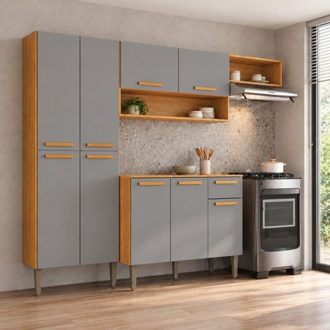 Cozinha Compacta 9 Portas 1 Gaveta Puxador de Madeira Alana Cinamomo/Cinza Espresso Móveis