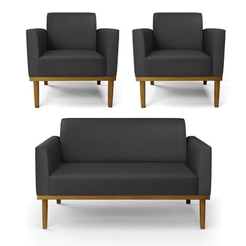 Sofá Namoradeira com 2 Poltronas Base de Madeira Fixa Castanho Marisa Corino D03 - D?rossi Cor