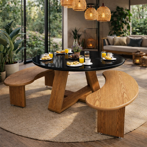 Mesa de Jantar Redonda em Mdf e Vidro Temperado com 2 Bancos Curvos:preto