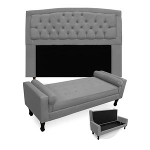 Kit Cabeceira Geovana + Calçadeira Baú Felix Queen Size 160cm Suede - Ecotec Decor:Cinza