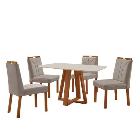 Conjunto Sala de Jantar Mesa Floripa 120x80cm Off White com 4 Cadeiras Luna Veludo Cinza
