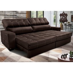 Sofá de Couro Elétrico Retrátil 2,55m Molas Ensacadas Cama Inbox Gran Majesty Marrom - 1