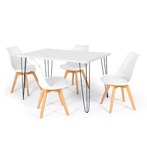 Conjunto Mesa de Jantar Hairpin 130x80 Branca com 4 Cadeiras Eiffel Leda - Branco