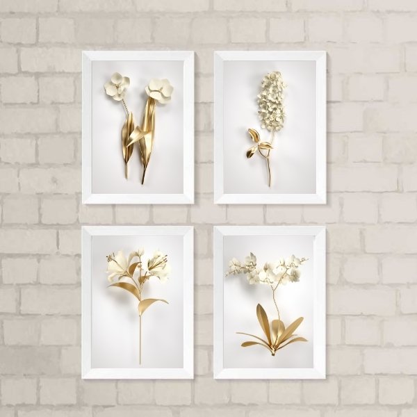 Kit 4 Quadros Decorativos Flores Brancas Com dourado 33x24cm:madeira Preta - 2
